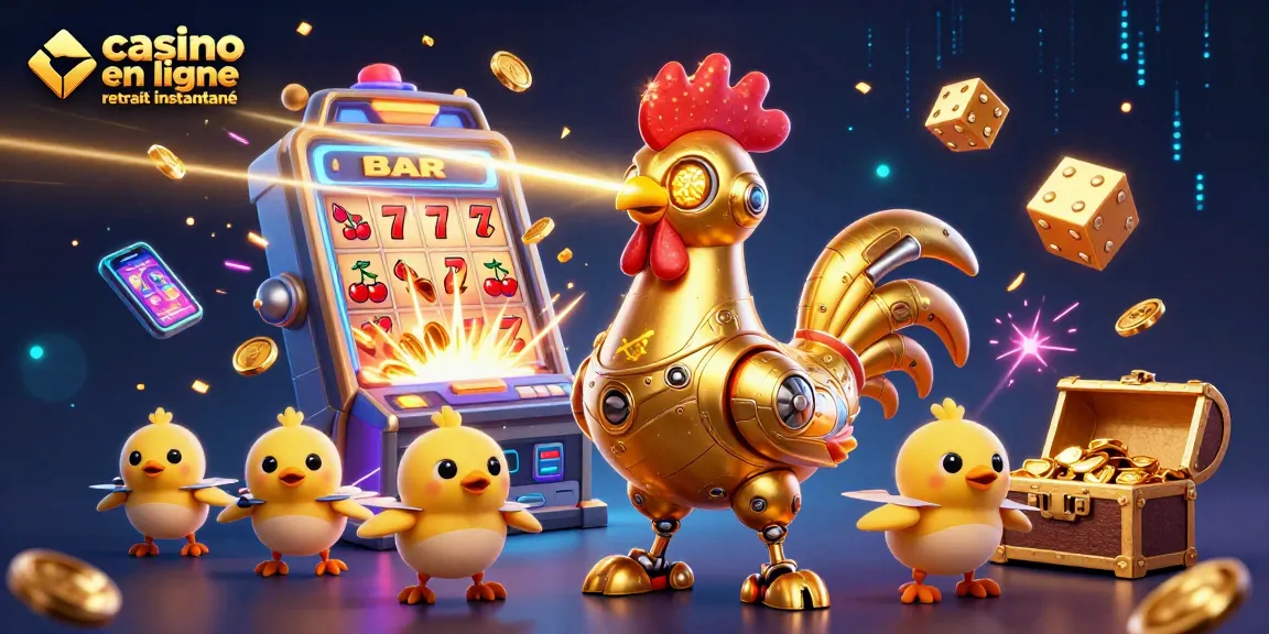 Vivez l'excitation du casino en ligne retrait instantané avec un robot coq doré laser gravant des motifs, entouré d'éléments de jeu colorés.