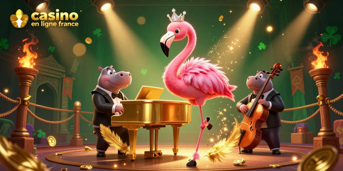 Illustration dynamique du casino en ligne France avec un flamingo chanteur et un hippopotame musicien.