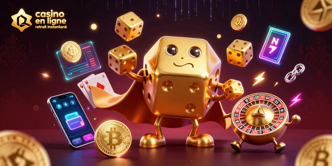 Casino en ligne retrait instantané : illustration dynamique des jeux avec des dés et des pièces de crypto-monnaie.