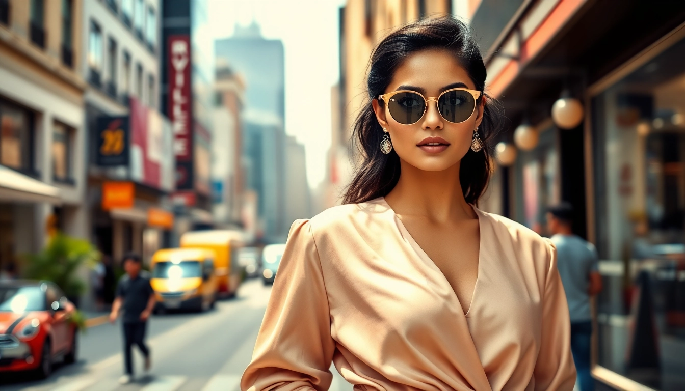 Model wears Rivelle clothing in a vibrant urban setting, showcasing elegance and style.