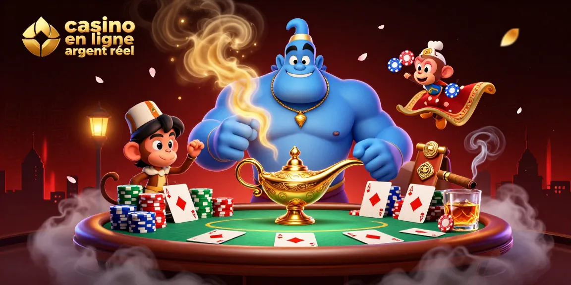 Découvrez un univers captivant de jeux de casino en ligne argent réel avec un génie et des jetons colorés.