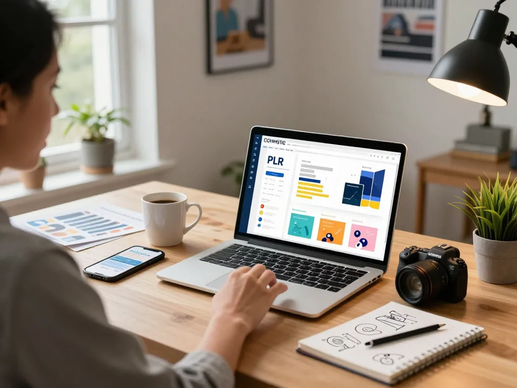 Buy PLR Digital Products with vibrant home office setup showcasing digital marketing materials and a motivated shopper.