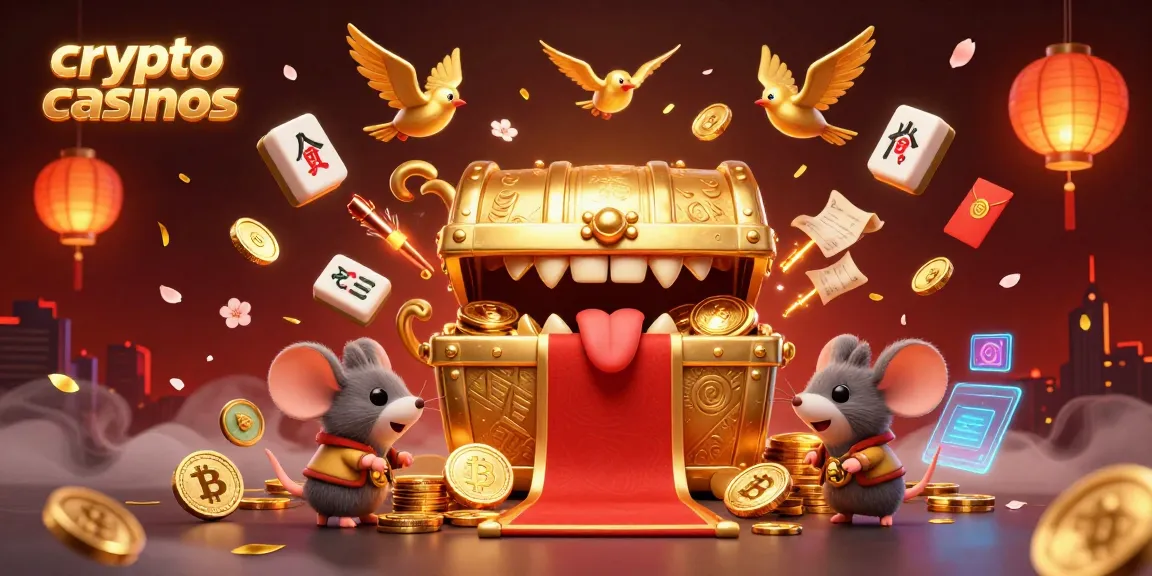 Plonger dans les crypto casinos avec un coffre au trésor lumineux et des pièces en or attirant les joueurs