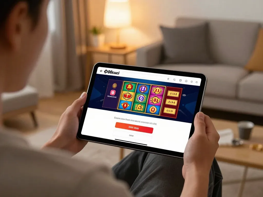 Engaging with the 100cuci login interface on a tablet for online casino gaming in a cozy home setting