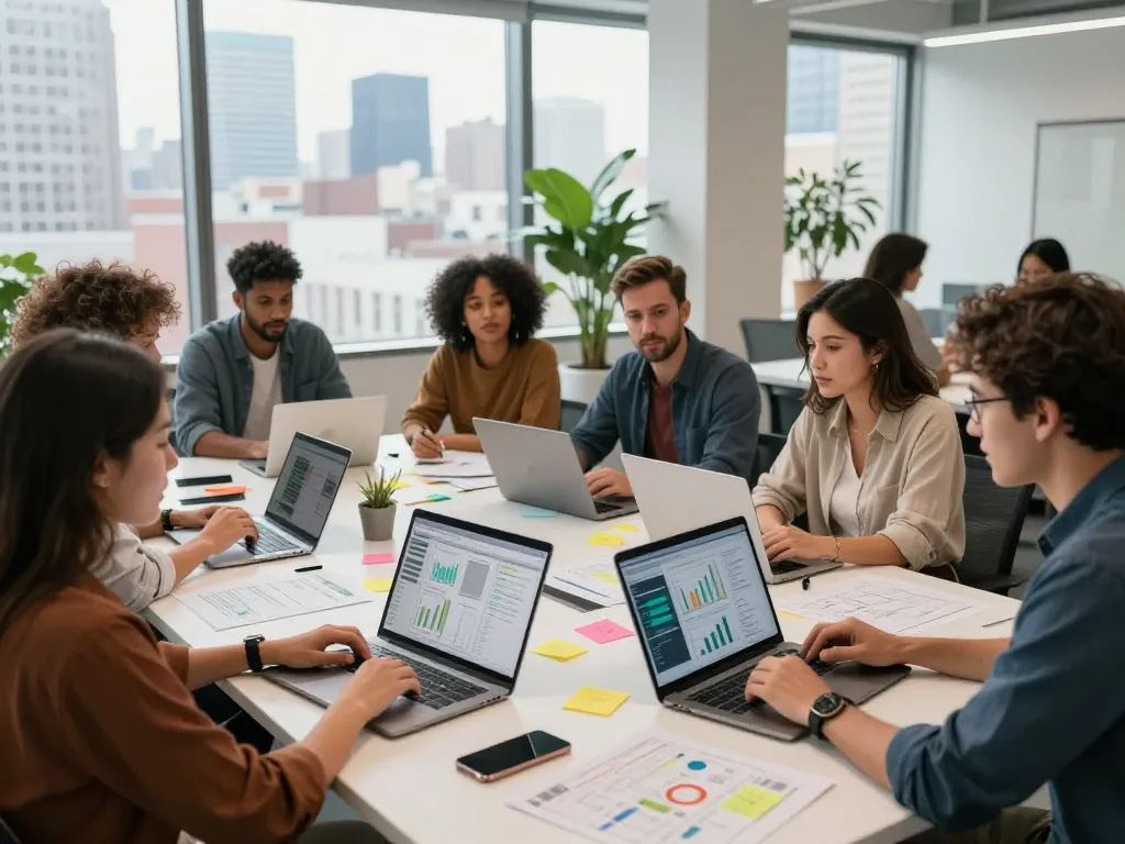 Engaged team at an NYC SEO Company collaborating on digital marketing strategies in a vibrant workspace.