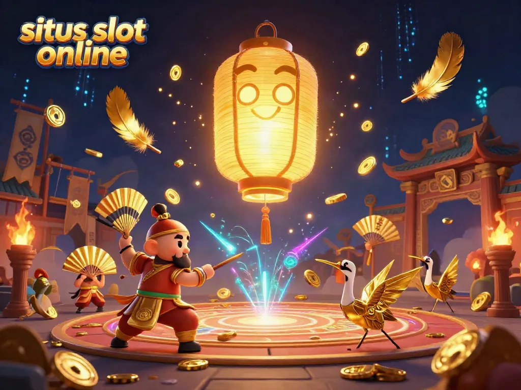 Slot rol emas di situs slot online dengan lampion raksasa dan simbol keberuntungan, dalam suasana meriah.