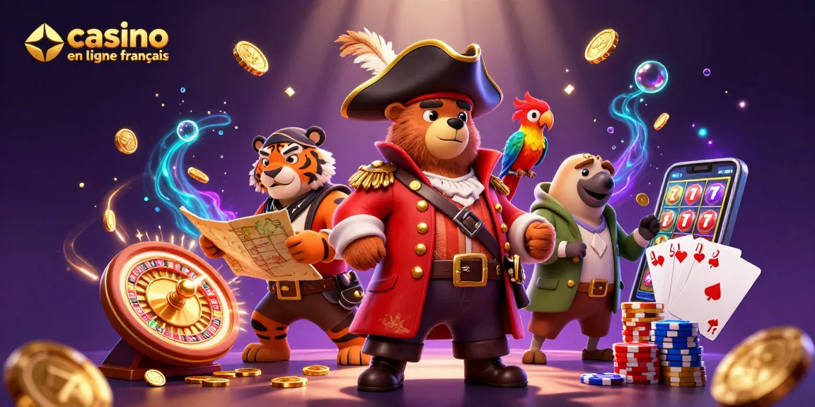 Casino en ligne français : image dynamique d'un ours pirate et un tigre amiral avec des éléments de jeu.