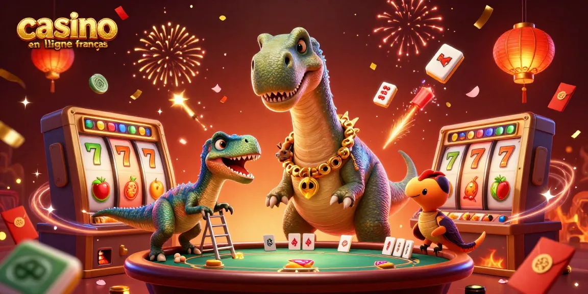 Illustration d'un casino en ligne francais avec des dinosaures amusants et des éléments de jeu.