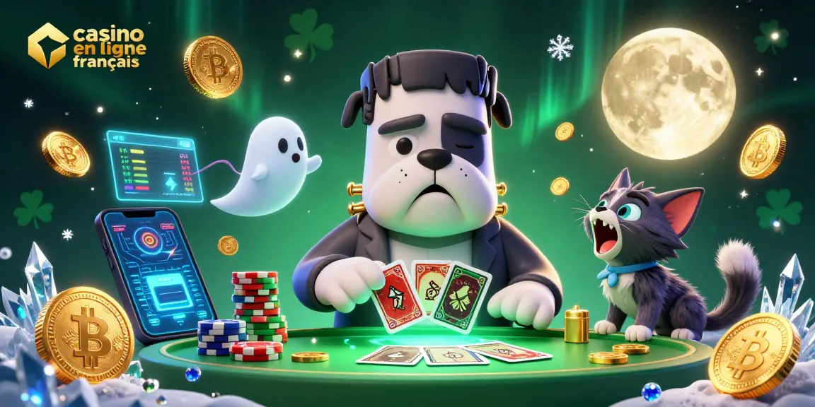 Jouer au casino en ligne français avec un bulldog Frankenstein et un chat-loup sur un fond de casino mystique.
