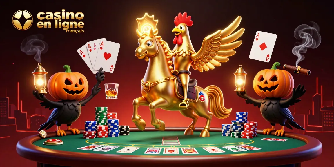 Visualisez une scène captivante de casino en ligne français avec un coq doré préservant son propre chef et accompagnants.
