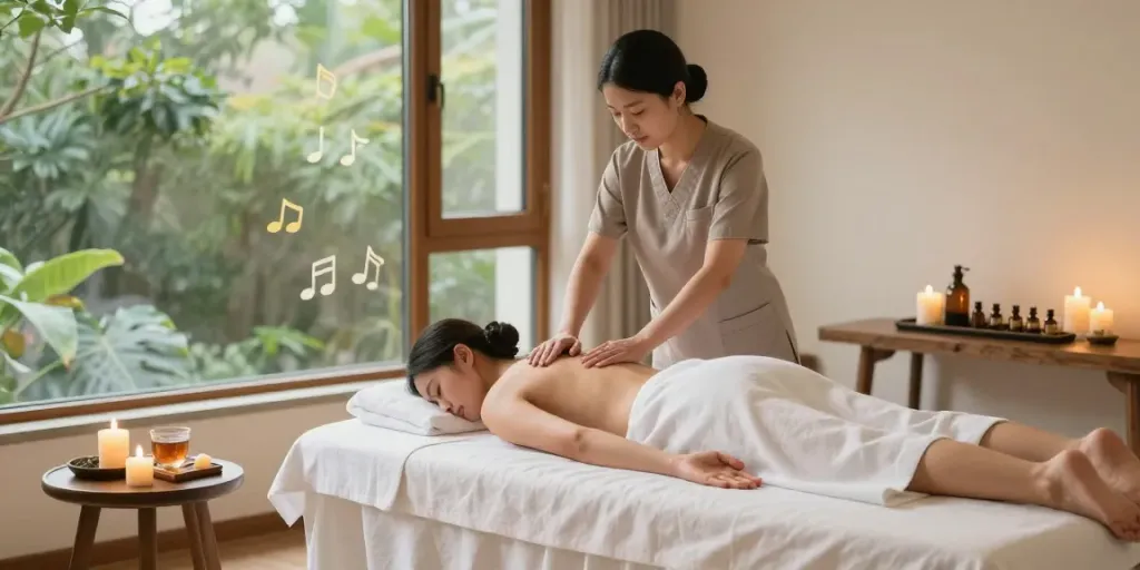 Relaxing 발산출장마사지 session in tranquil wellness room with candles and essential oils.