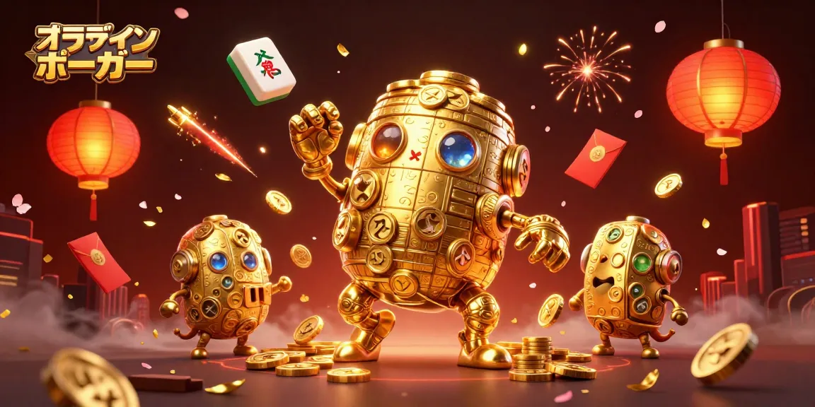 オンラインポーカーを楽しむ古代の黄金ゴーレムとゲーム要素が描かれたイラスト