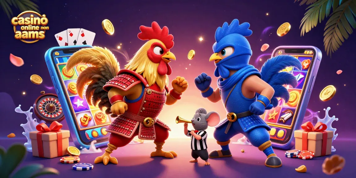 I casinò online non AAMS offrono giochi avvincenti, come dimostrano i due galli combattenti in un duello, con slot e monete d'oro volanti.