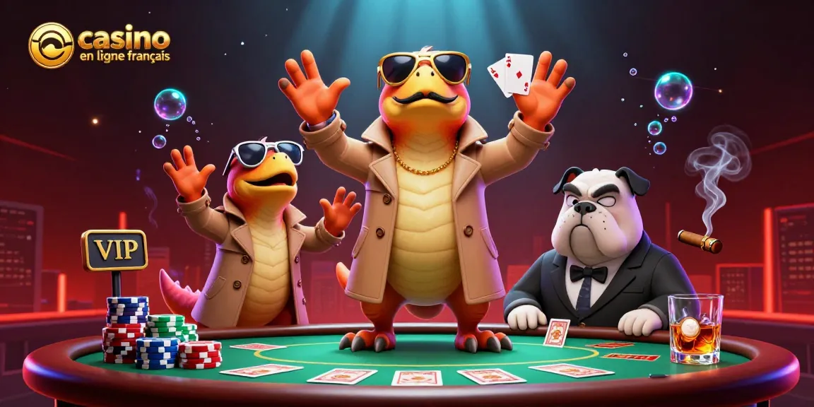 Découvrez une scène ludique avec des raptors déguisés aux portes d'un casino en ligne français ambiance VIP.