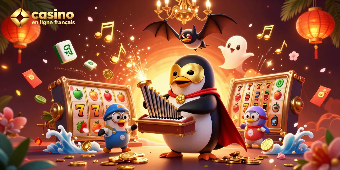Illustration dynamique de casino en ligne français avec un pingouin en masque doré et des symboles de jeux scintillants.