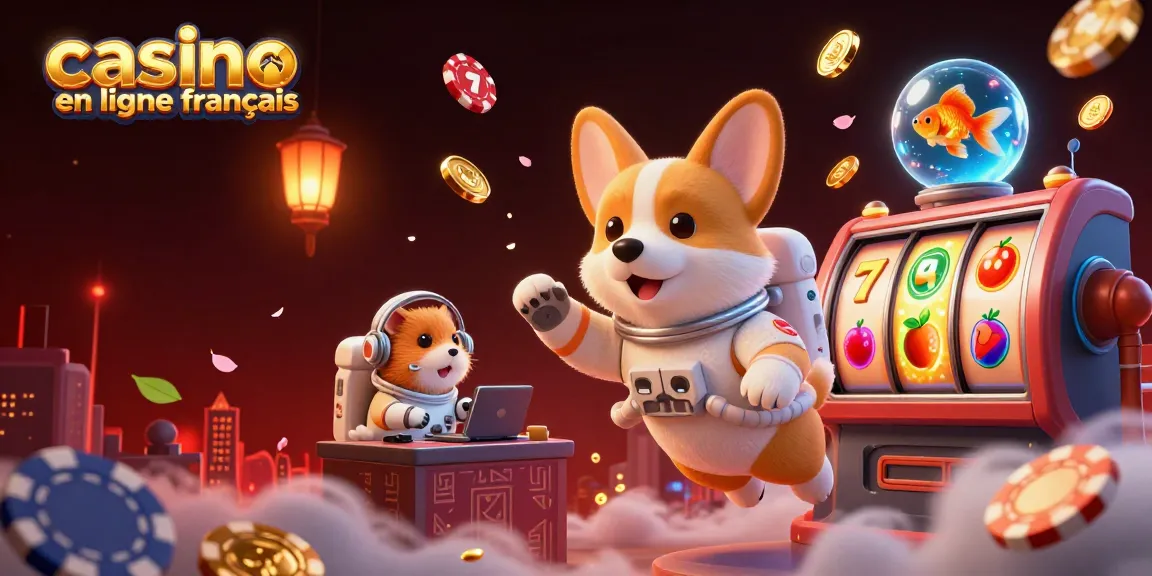 Action intense dans un casino en ligne français avec un corgi astronaute en apesanteur entouré de jetons et de machines à sous.