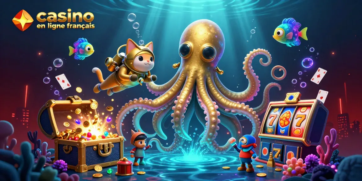Explorez le monde des jeux avec ce kraken géant et un chat plongeant dans un casino en ligne français.