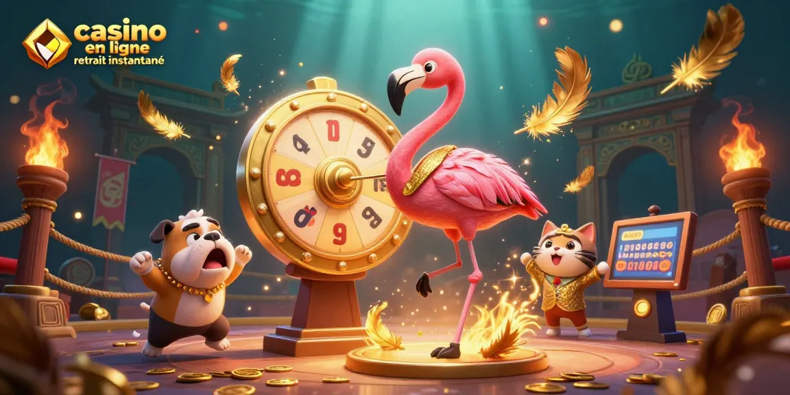 Visuel captivant de casino en ligne retrait instantané montrant un flamingo hôte et un bulldog contestant dans un jeu, avec des pièces d'or dispersées autour.