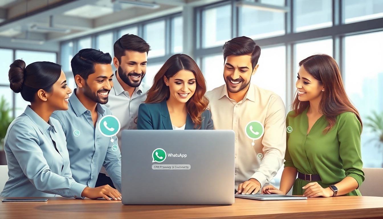 Showcase professionals strategizing on WhatsApp Business CRM integration with a bright atmosphere.