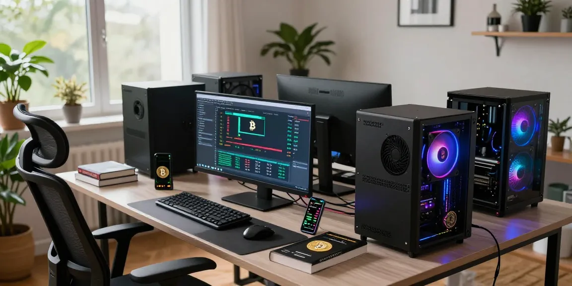 Bitcoin mining workspace showcasing mining rigs, cryptocurrency software, and digital wallets in a modern setup.