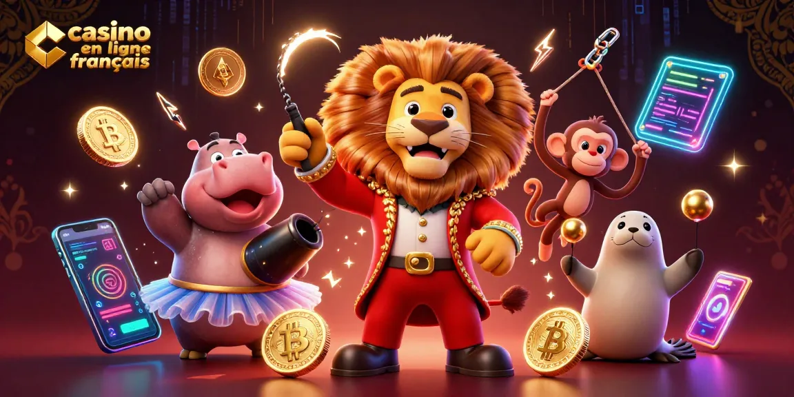 Jouer au casino en ligne français avec un lion chef de cirque et des éléments de crypto-monnaie vibrants.