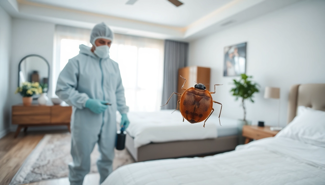 Engaging professional performing bed bug extermination near me in a modern bedroom setting.