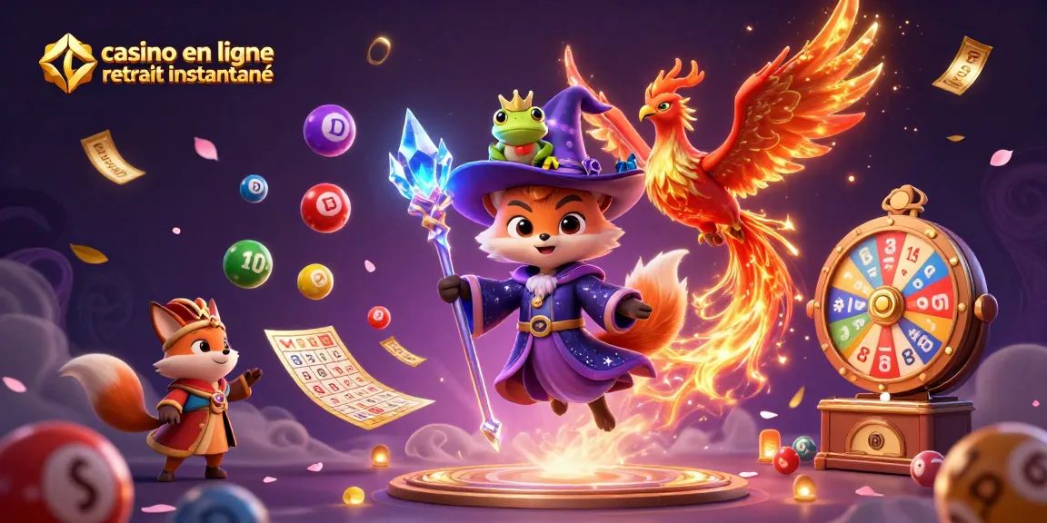 Illustration animée montrant un casino en ligne retrait instantané avec un renard sorcier, un phénix, et des éléments de loterie pétillants.