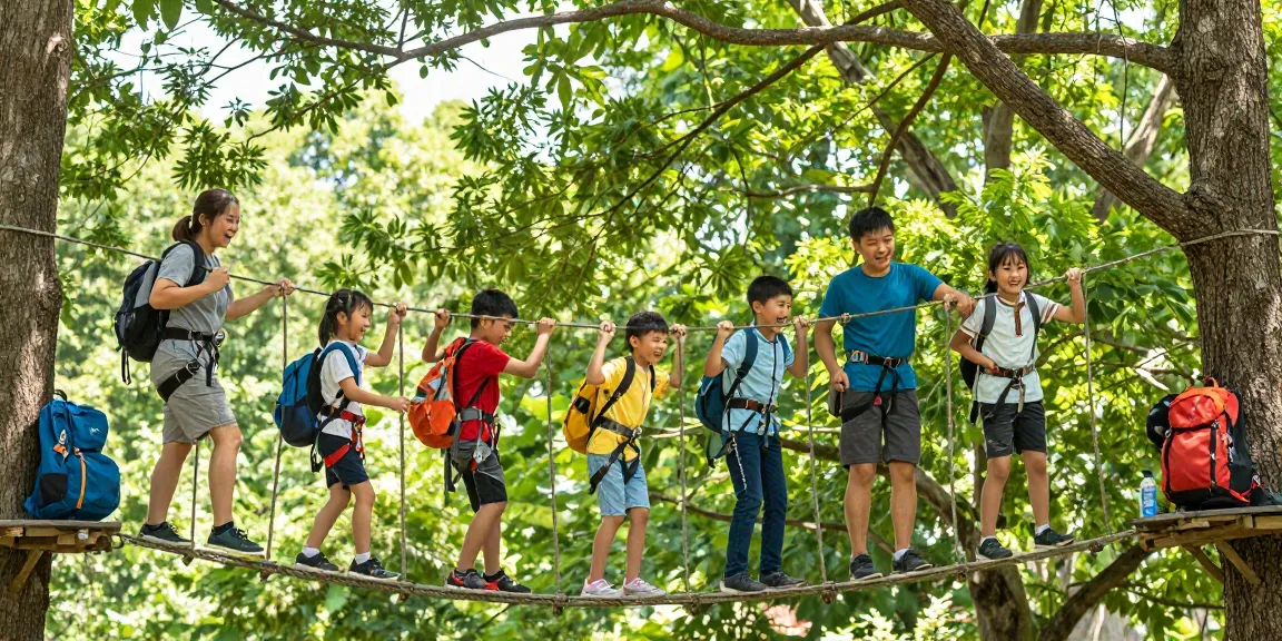Family crossing a rope bridge amidst green foliage, showcasing adventure and fun.