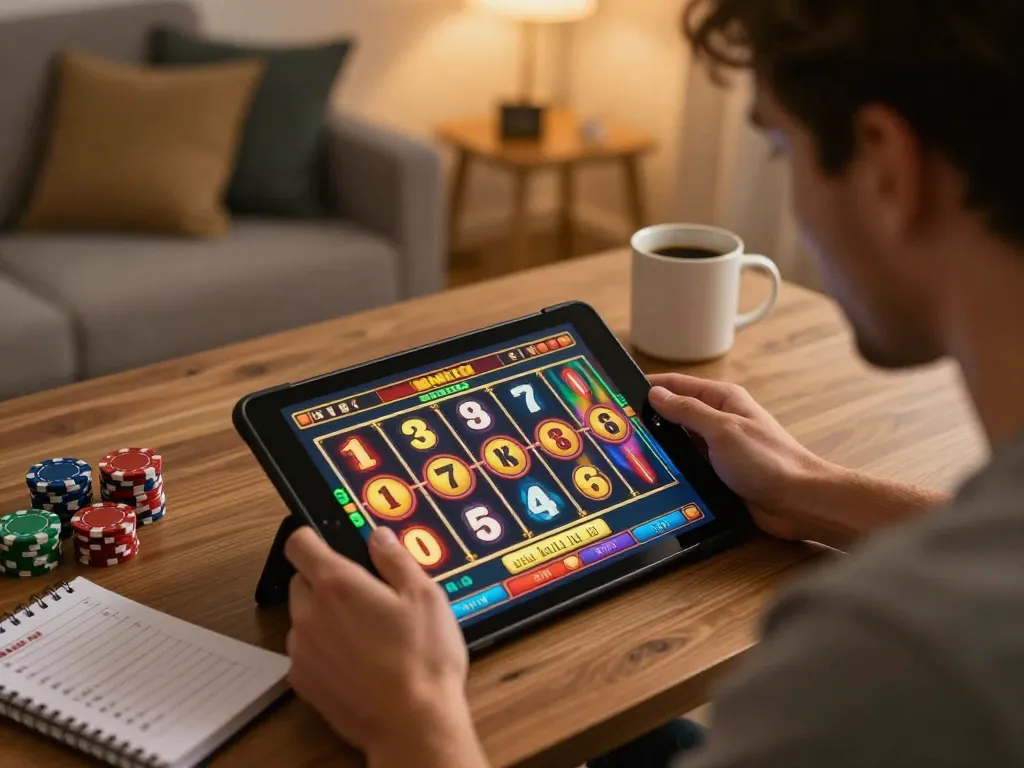 Engaging in a thrilling slot online game on a tablet at home with strategic notes and chips.