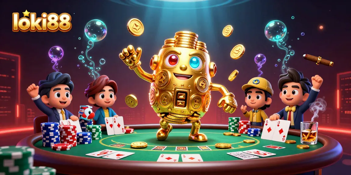 Engage with loki88 gameplay featuring a dynamic golden golem amidst a rich poker scene.