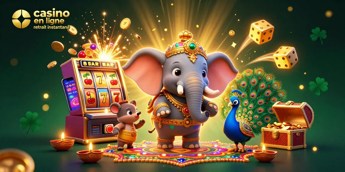 Découvrez un casino en ligne retrait instantané avec un éléphant et un paon illustré en 3D.