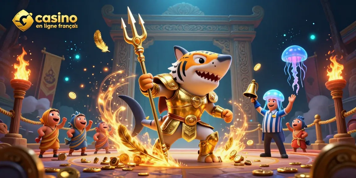 Jouer à casino en ligne français, scène dynamique de combat sous-marin avec un requin tigre et un arbitre méduse.