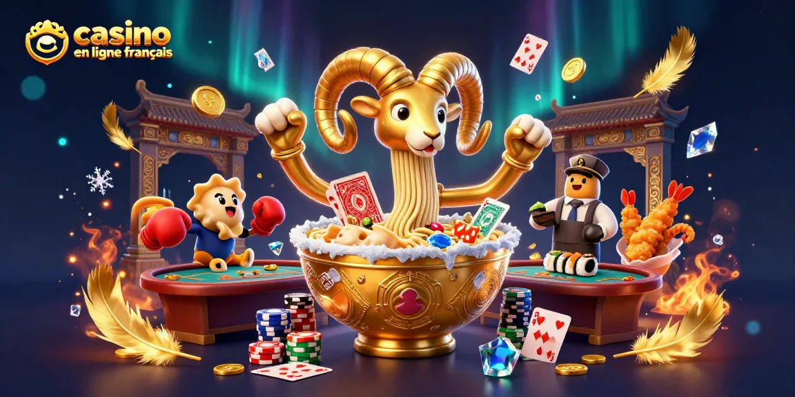 Une scène dynamique avec un bol de ramen en or, représentant le casino en ligne français, distribuant des cartes au poker.