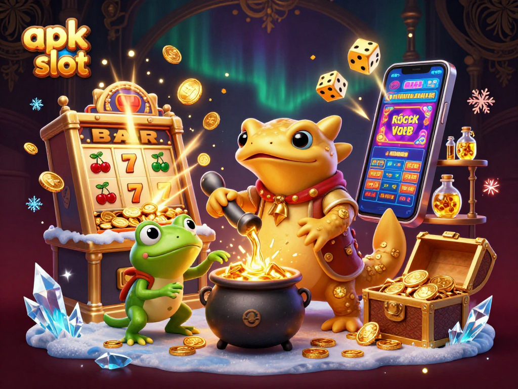 Menghadirkan apk slot dengan mesin slot 3D meledak, simbol keberuntungan, dan pahlawan alkemis menarik koin emas.