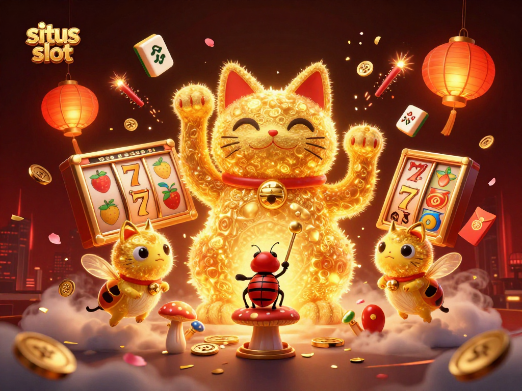 Gambarkan situs slot yang menguntungkan dengan simbol jackpot, koin, dan lampion berkilau.