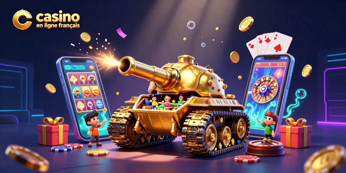 Jouer au casino en ligne français avec une scène dynamique et colorée remplie de machines à sous et d'éléments de jeu