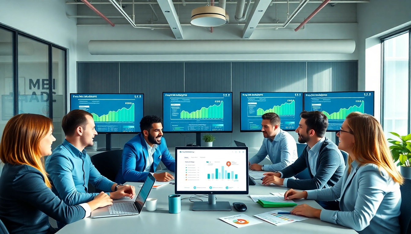 Agencia HubSpot professionals collaborating on marketing strategies in a modern office.