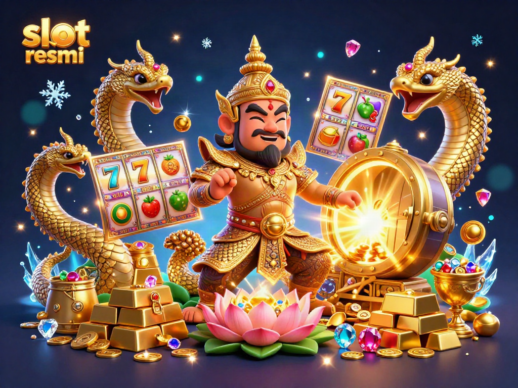 Experience the thrill of "slot resmi" as golden treasures and vibrant slot reels come alive in this stunning 3D illustration.