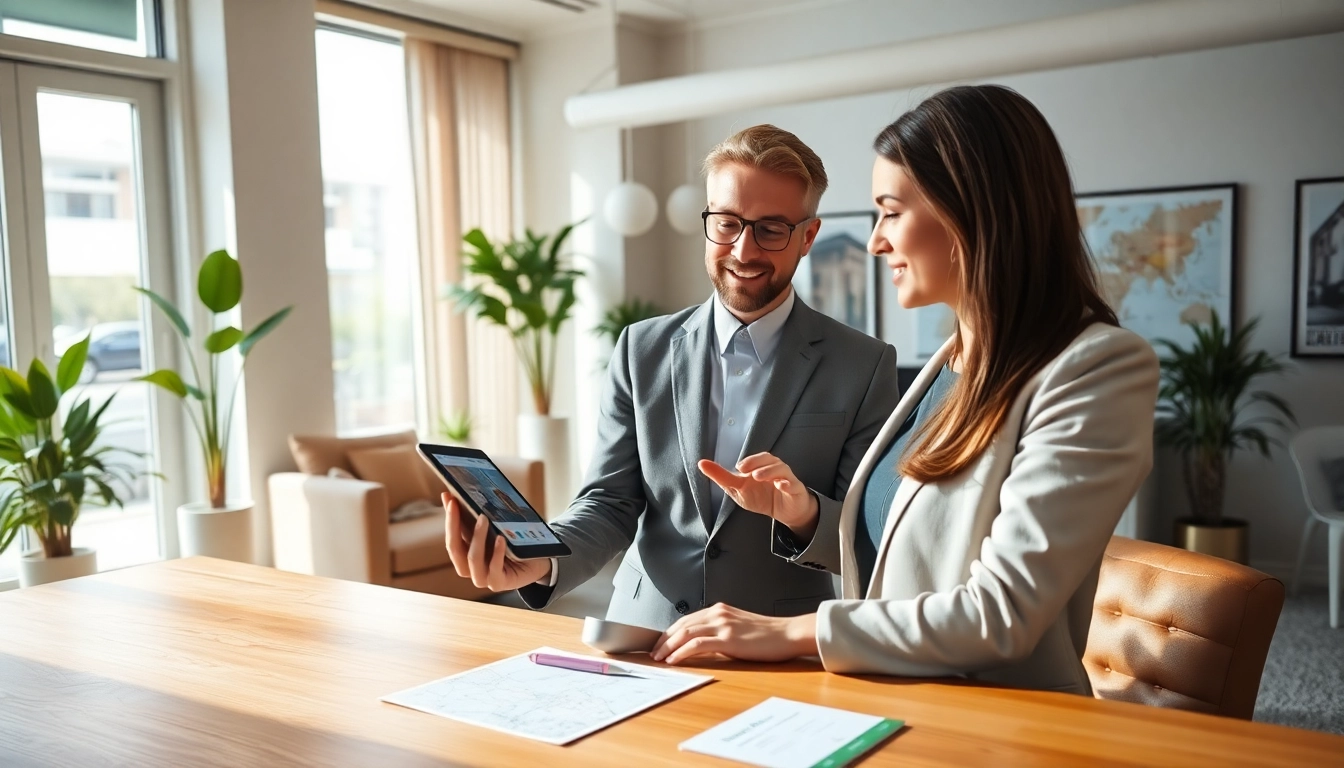 Real Estate agent showcasing property listings in a stylish office setting.