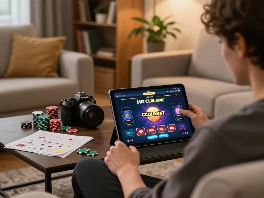 Engaged player using hitclubapk tablet for responsible casino gameplay in cozy living room
