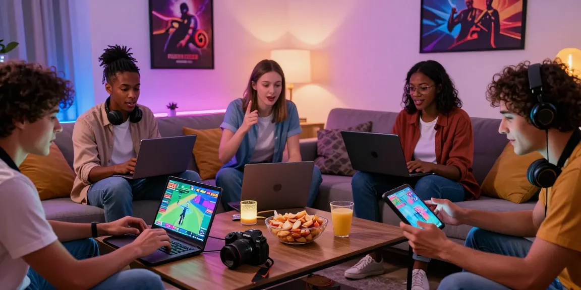 Engaged group playing popular xxx games in a cozy living room with multiple devices.