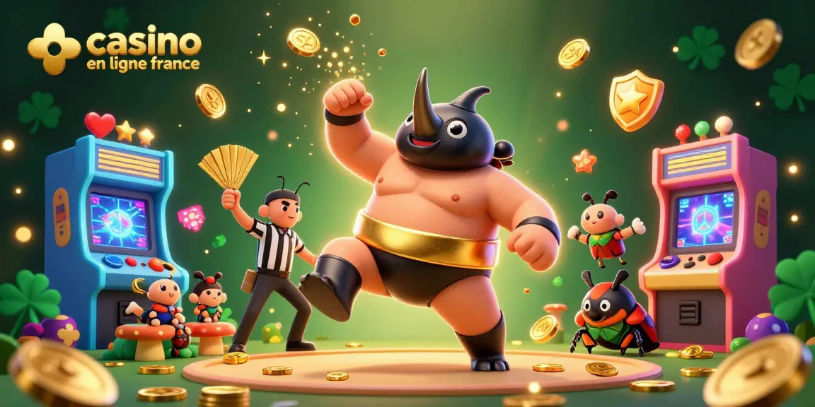 Découvrez le champion sumo rhinocéros au casino en ligne France, entouré de machines de jeux étincelantes et de pièces d'or.