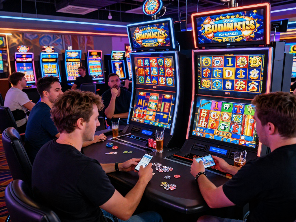 Enthusiastic players enjoying bonus buy slots in a vibrant online casino environment with colorful slot machines.