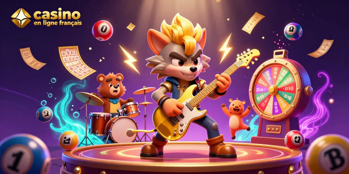 Casino en ligne français : Profitez d'une scène dynamique de jeu avec un loup rock star et un ours batteur.