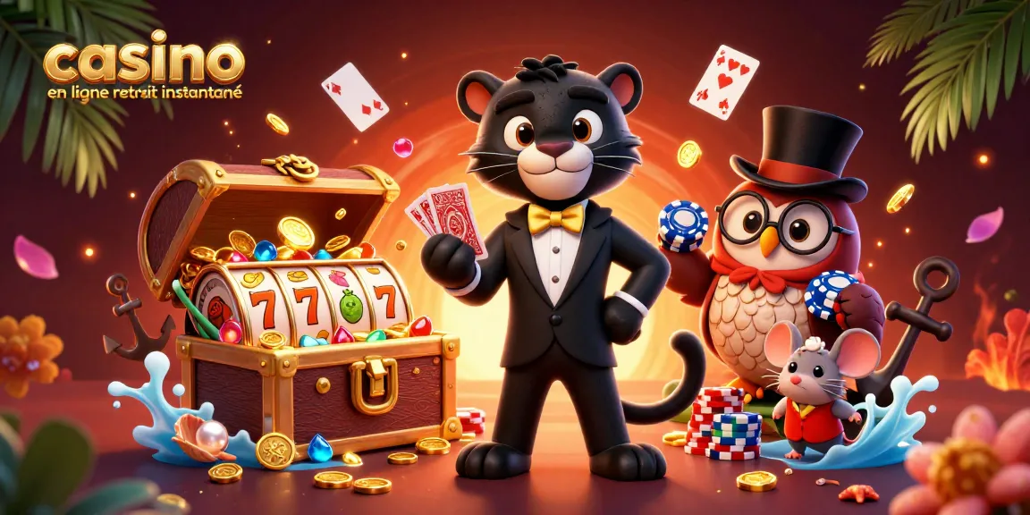 Scène de casino illustrant des gains instantanés, avec un panda et un hibou jouant aux cartes.