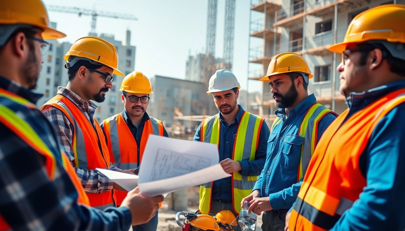 Construction training session featuring workers collaborating with tools and blueprints.