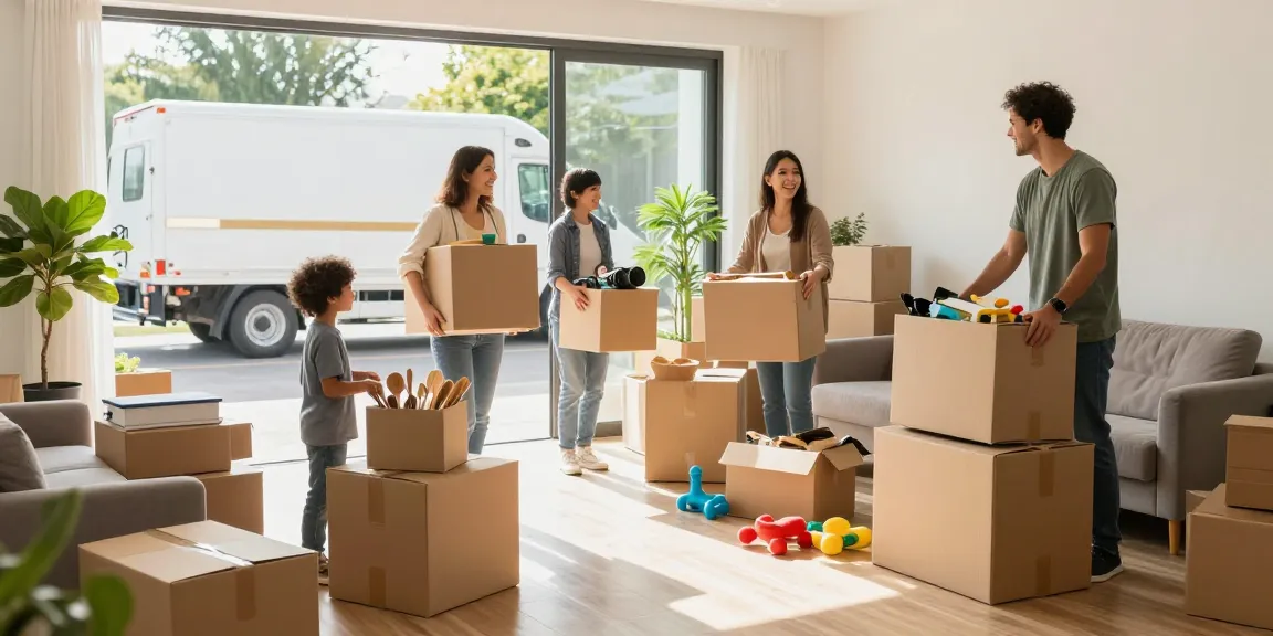 Cullen Moving family packing for their residential move in a bright, inviting living room.
