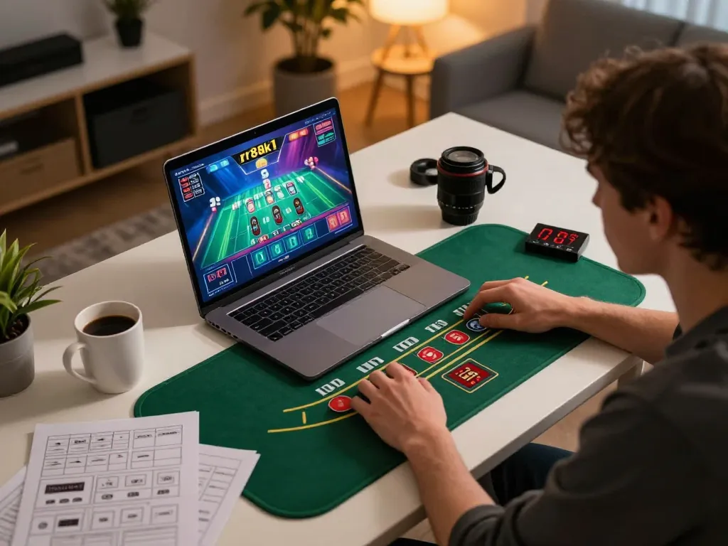 Player actively engaging in online blackjack at rr88k1 com, showcasing a modern gaming setup with strategy notes.