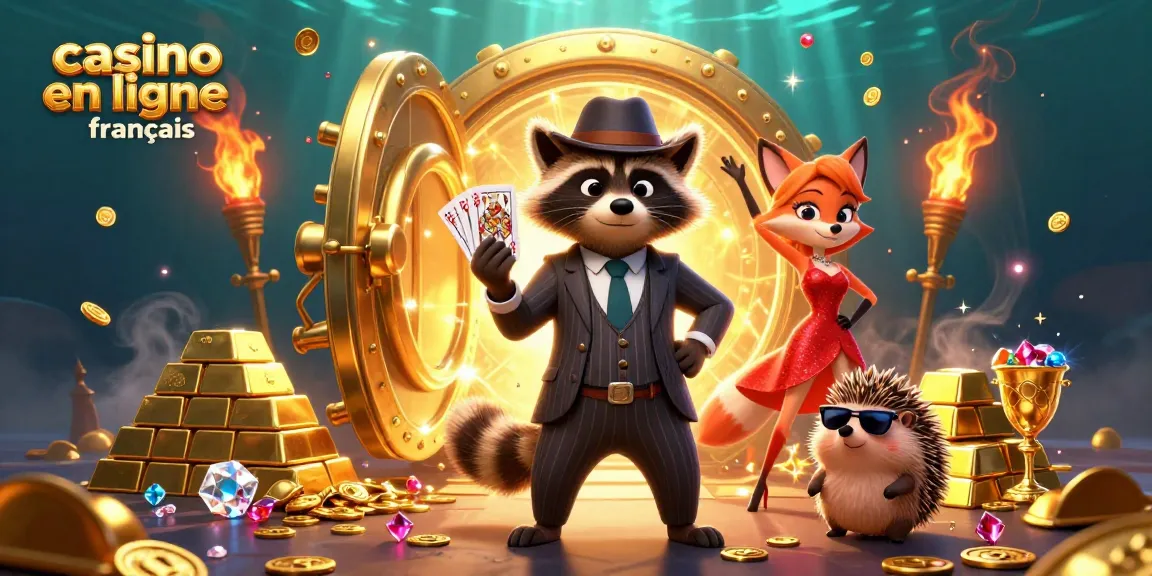 Profitez des jeux de casino en ligne français avec un élégant raton laveur et ses amis dans une scène scintillante.