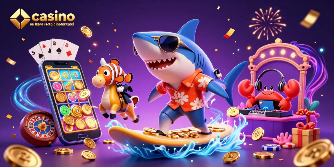 Visualisez un casino en ligne retrait instantané dynamique avec un requin illustré sur une vague de pièces d'or.